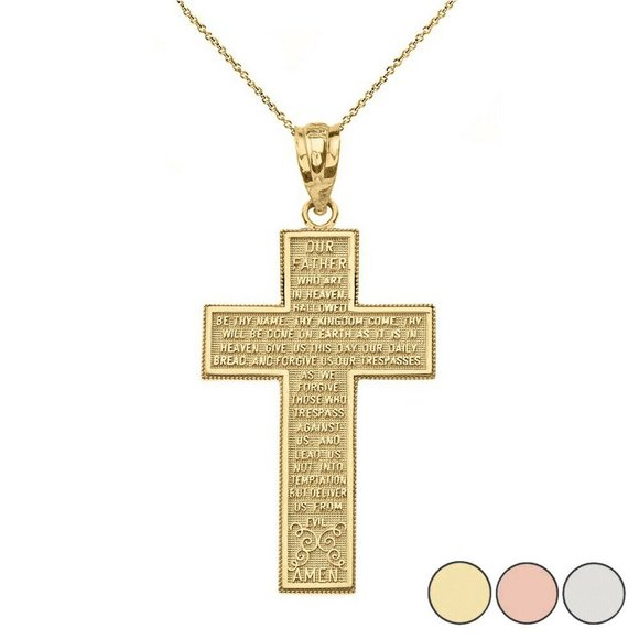14K Gold Lord's Our Father Prayer Cross Necklace - Picture 1 of 7